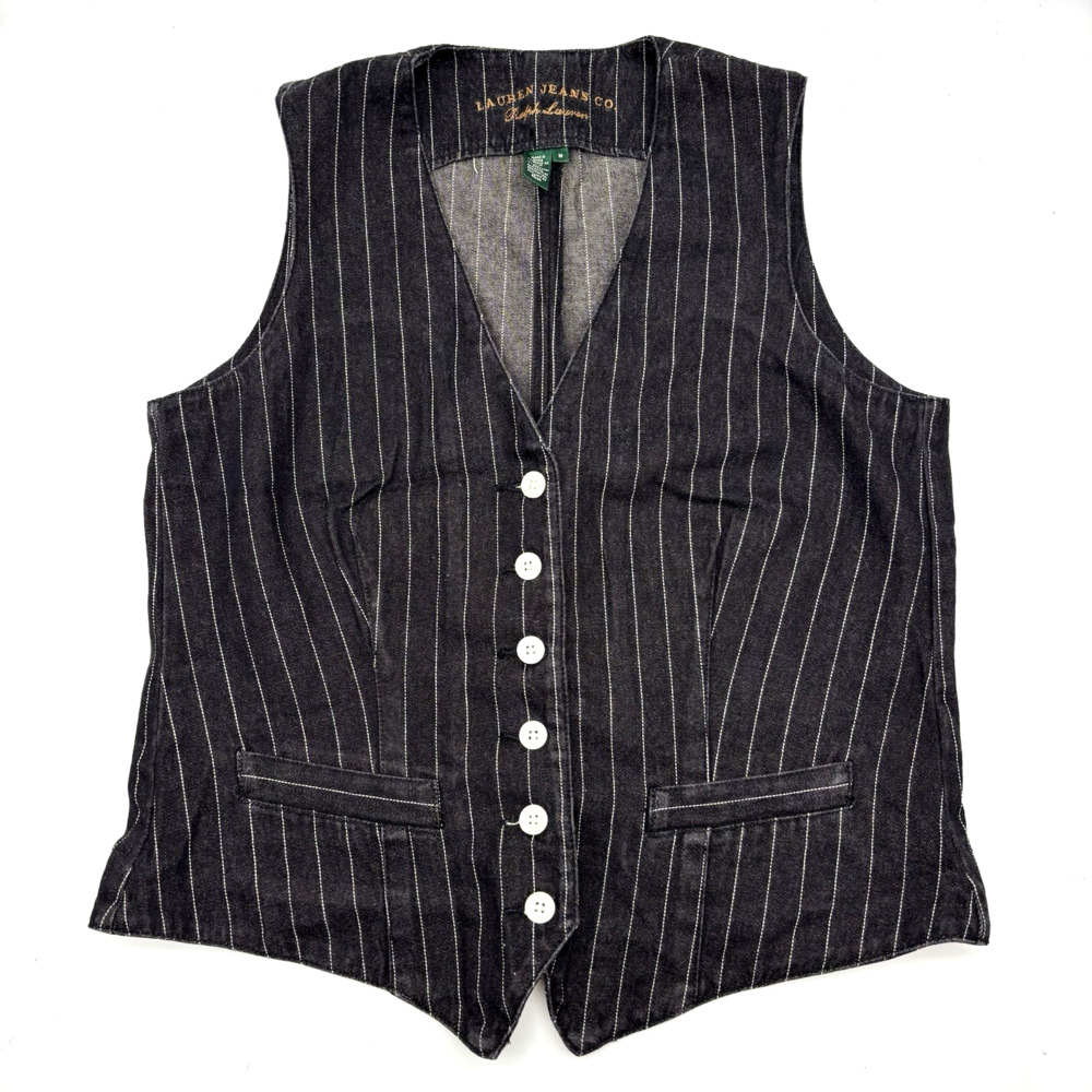 Vintage Y2K Ralph Lauren Jeans Co Black Denim Pinstripe Button Down Vest M